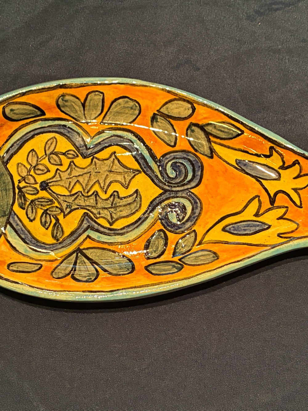 Handpainted Ceramic Fish Serving Dish or Spoon Rest - Bright Orange & Teal